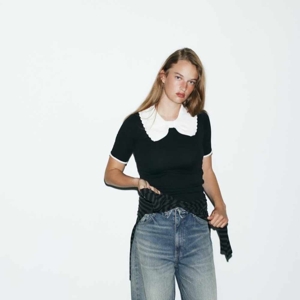 NWT Zara Peter Pan Bow Collared Knit Top In Black/White - M